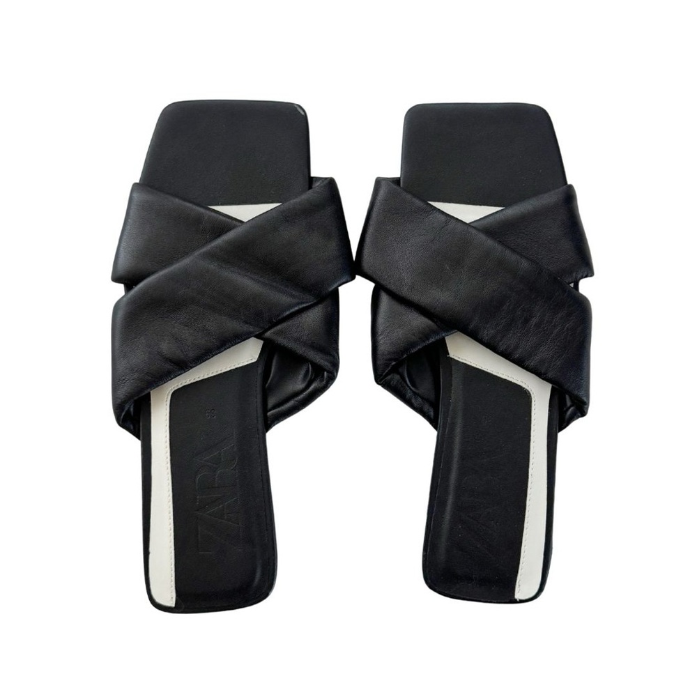 ZARA Black Leather Crossover Slide Sandals Padded Criss Cross Square Toe Flat